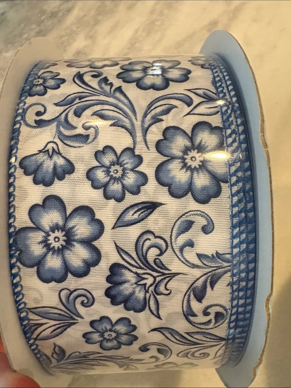 Kirkland Signature Wire-Edged Floral Ribbon in Blue and White 50 yards- 2.5 inch